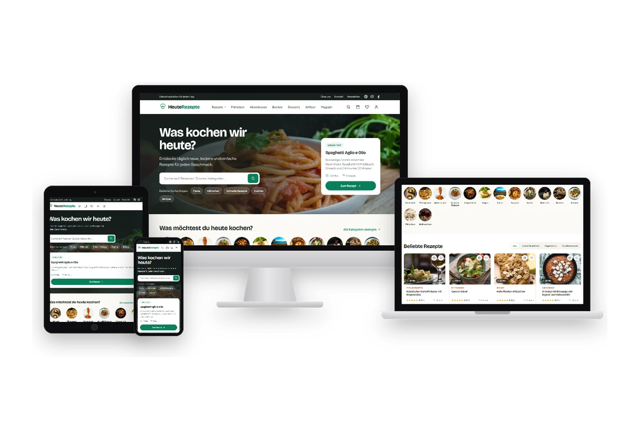 heuterezepte.de – Rezeptportal mit eigenem Theme – Mockup auf Desktop, Laptop, Tablet und Smartphone