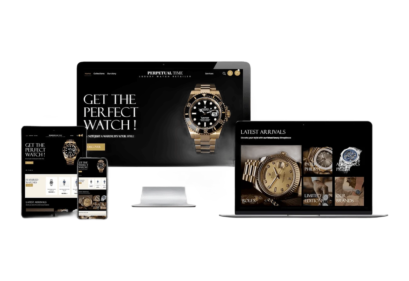 Luxusuhren-Onlineshop – Mockup auf Desktop, Laptop, Tablet und Smartphone