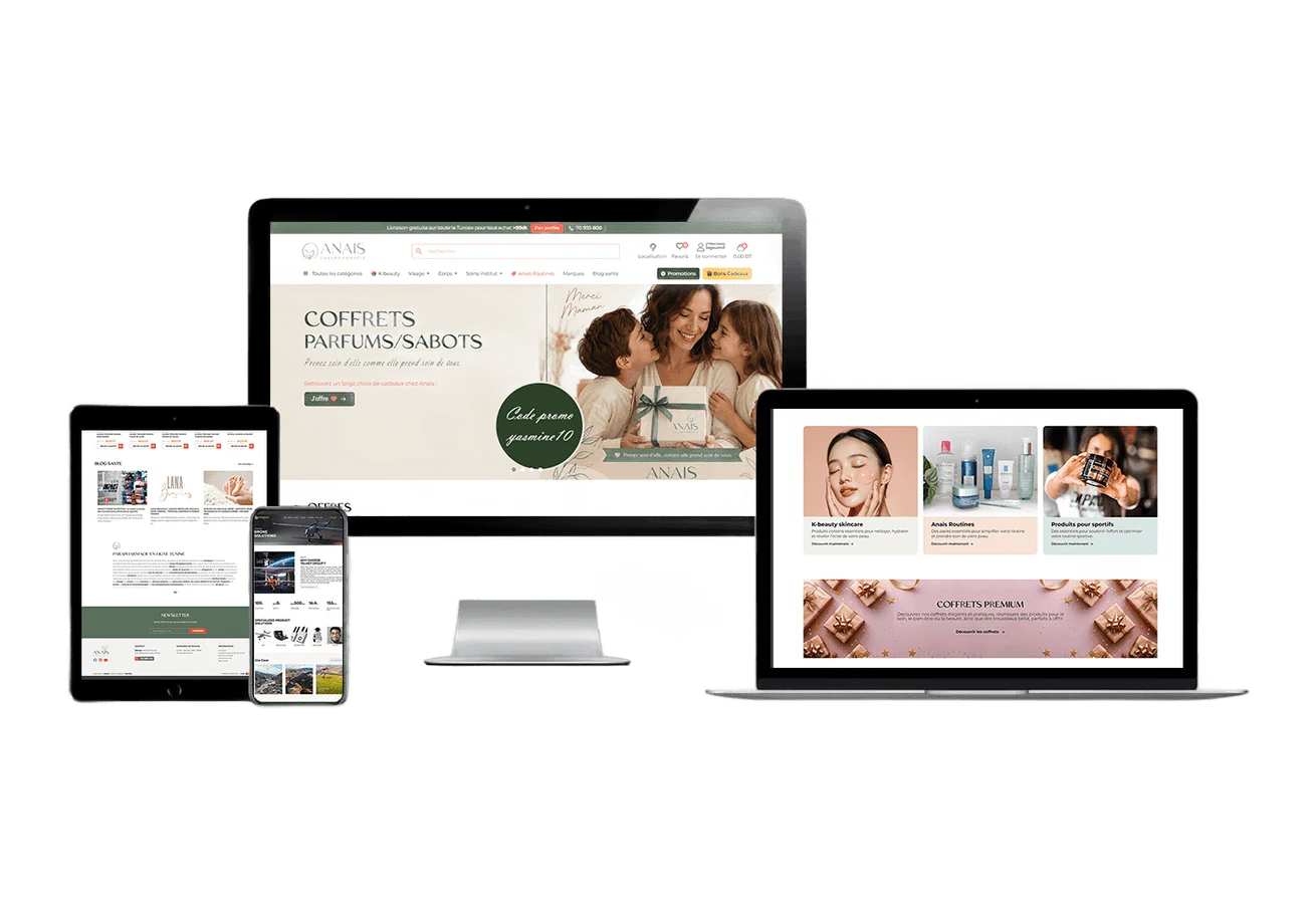 Online-Parapharmacie – Mockup auf Desktop, Laptop, Tablet und Smartphone