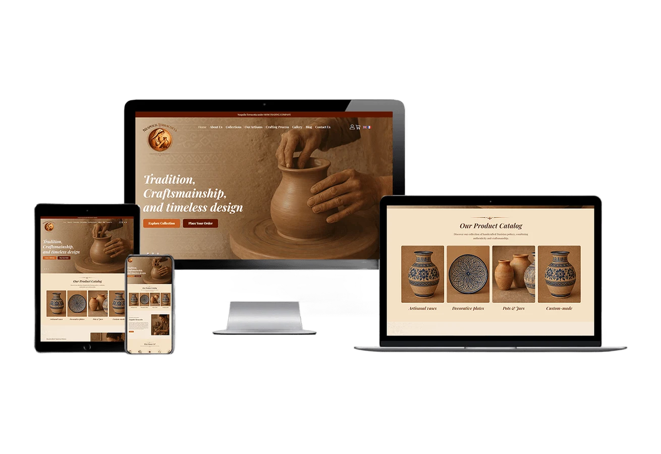 Terrakotta-Manufaktur – Mockup auf Desktop, Laptop, Tablet und Smartphone