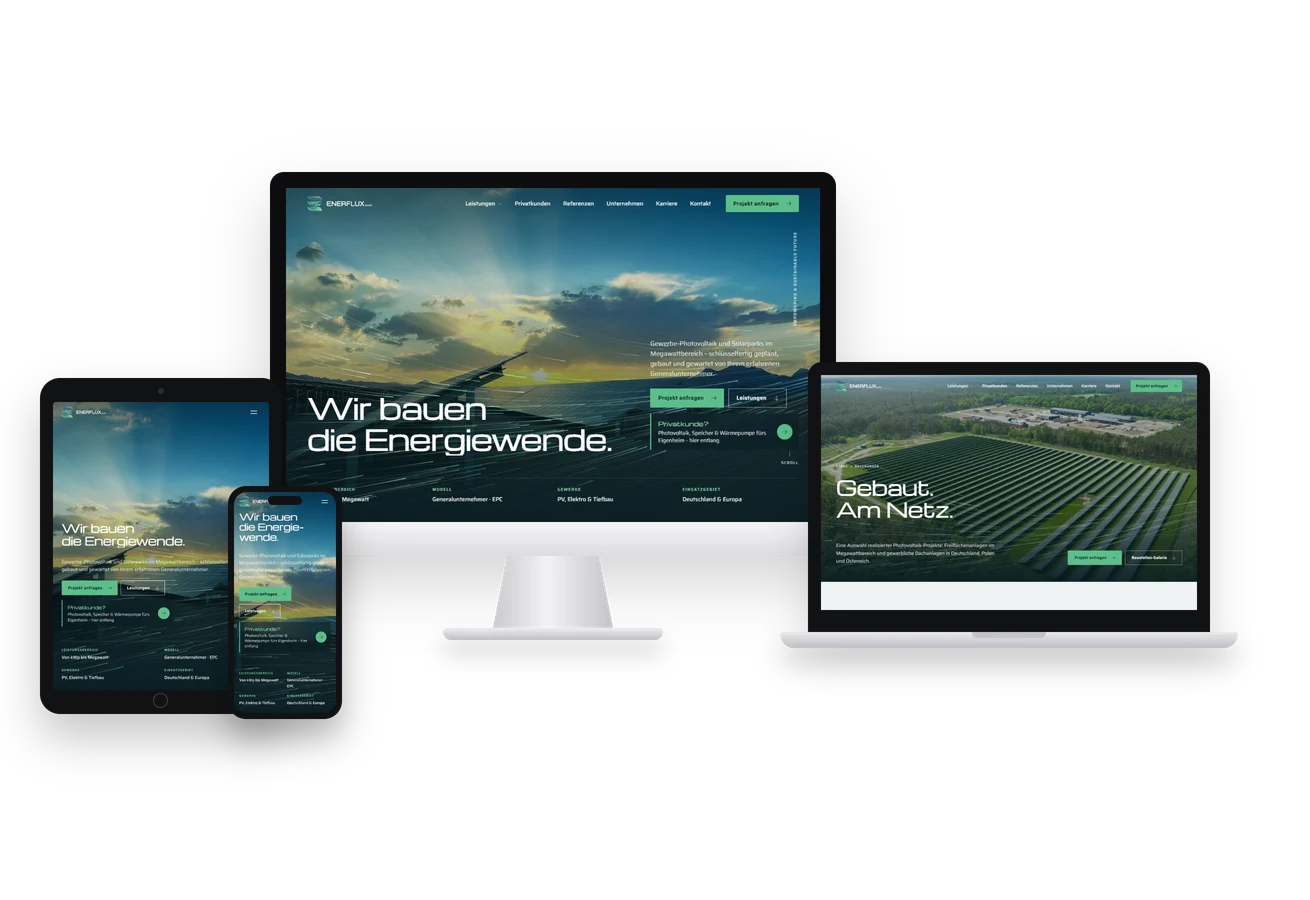 enerflux.de – Photovoltaik-Generalunternehmer – Mockup auf Desktop, Laptop, Tablet und Smartphone